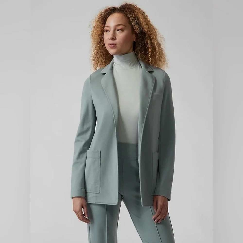 Athleta Eastbound Blazer 12 Dusty Blue Green Tencel Stretch Open Front 986273